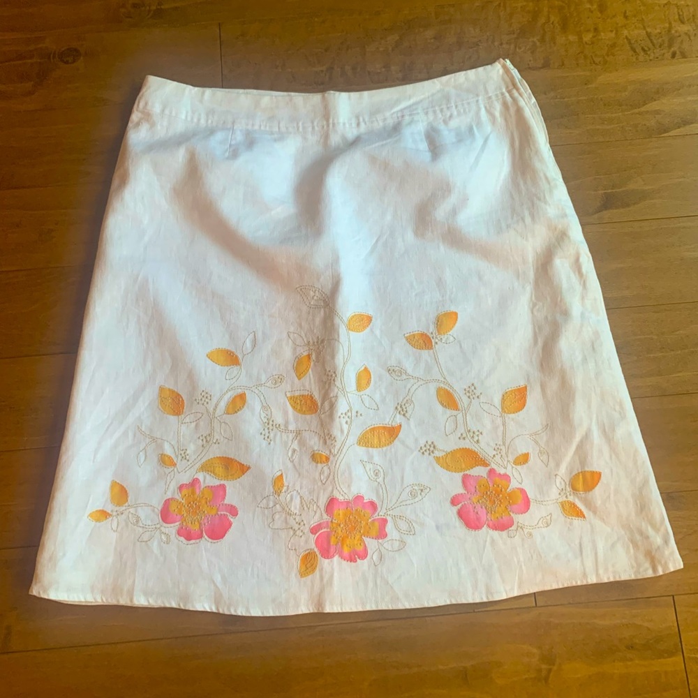 Linen Blend White Floral Embroidered A-Line Skirt - Pink & Yellow Accents